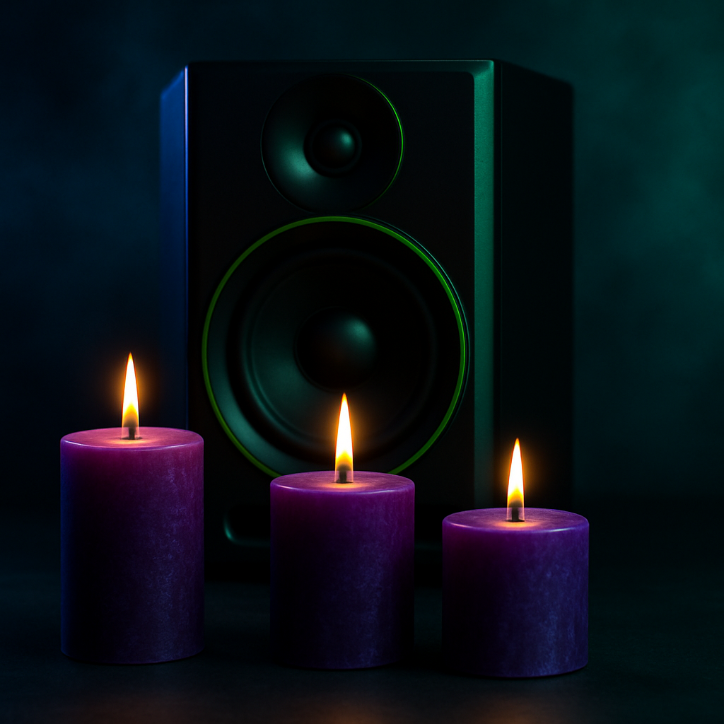 Three geometrically positioned purple candles placed in front of a black and green speaker with a blue and green mysterious background